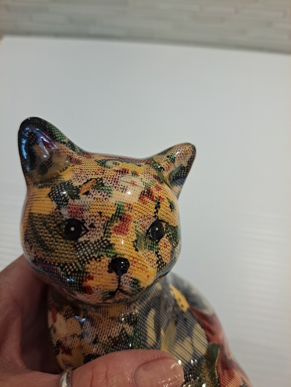 Vtg Decoupage Ceramic Cat Figurine Floral Patchwork Design 6.75" Tall Folk Art - Picture 5 of 7